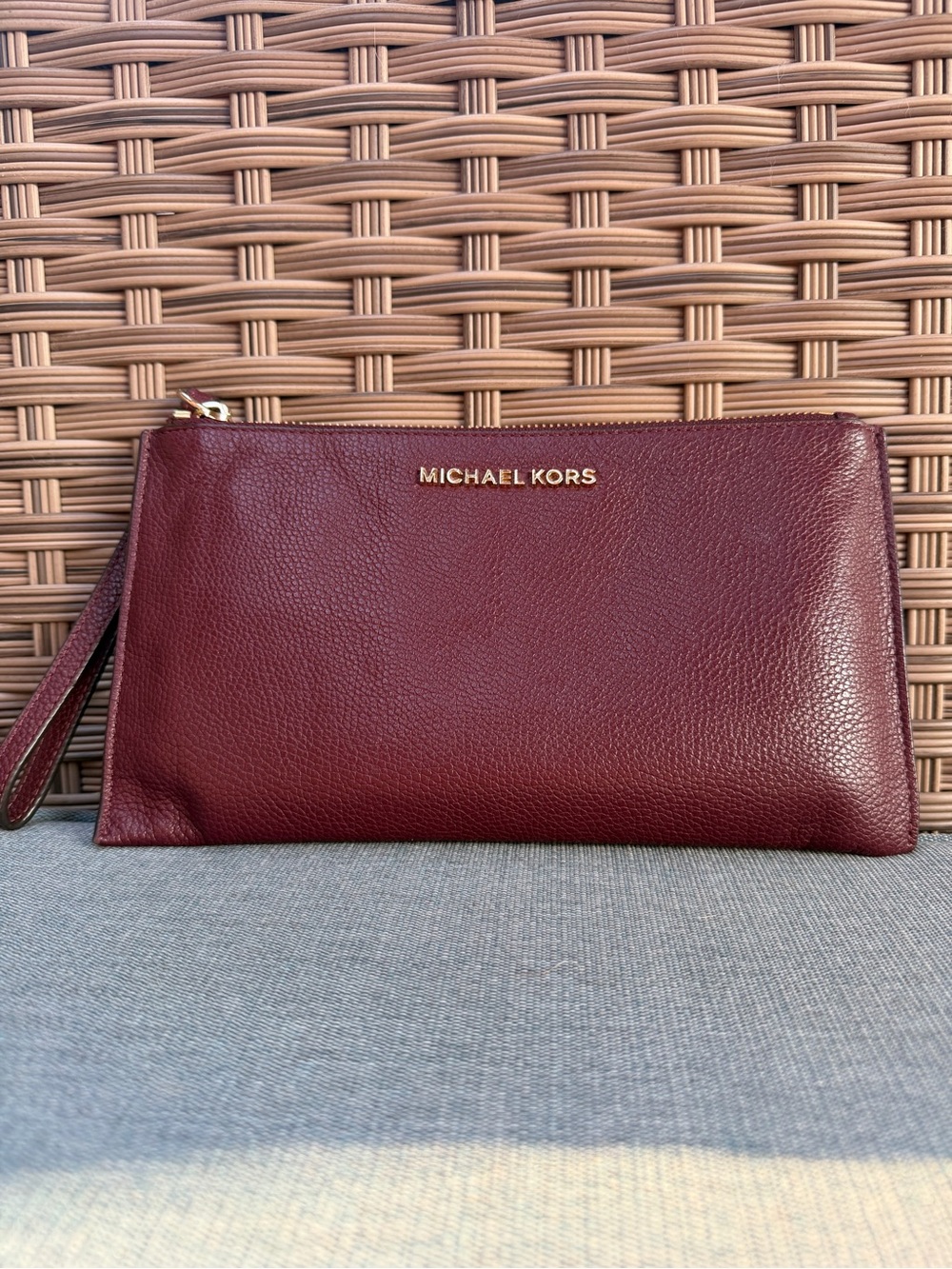 Michael Kors Burgundy Leather Wristlet Clutch with Gold Hardware